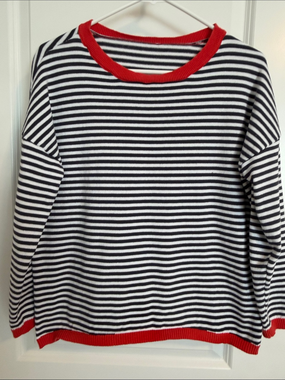 Amazon Gray and White Striped Crewneck Sweater with orange Trim